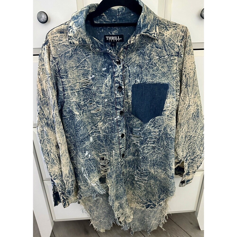 Thrill Jeans Distressed Denim Shirt Womens L Blue Acid Wash Thrashed NWOT